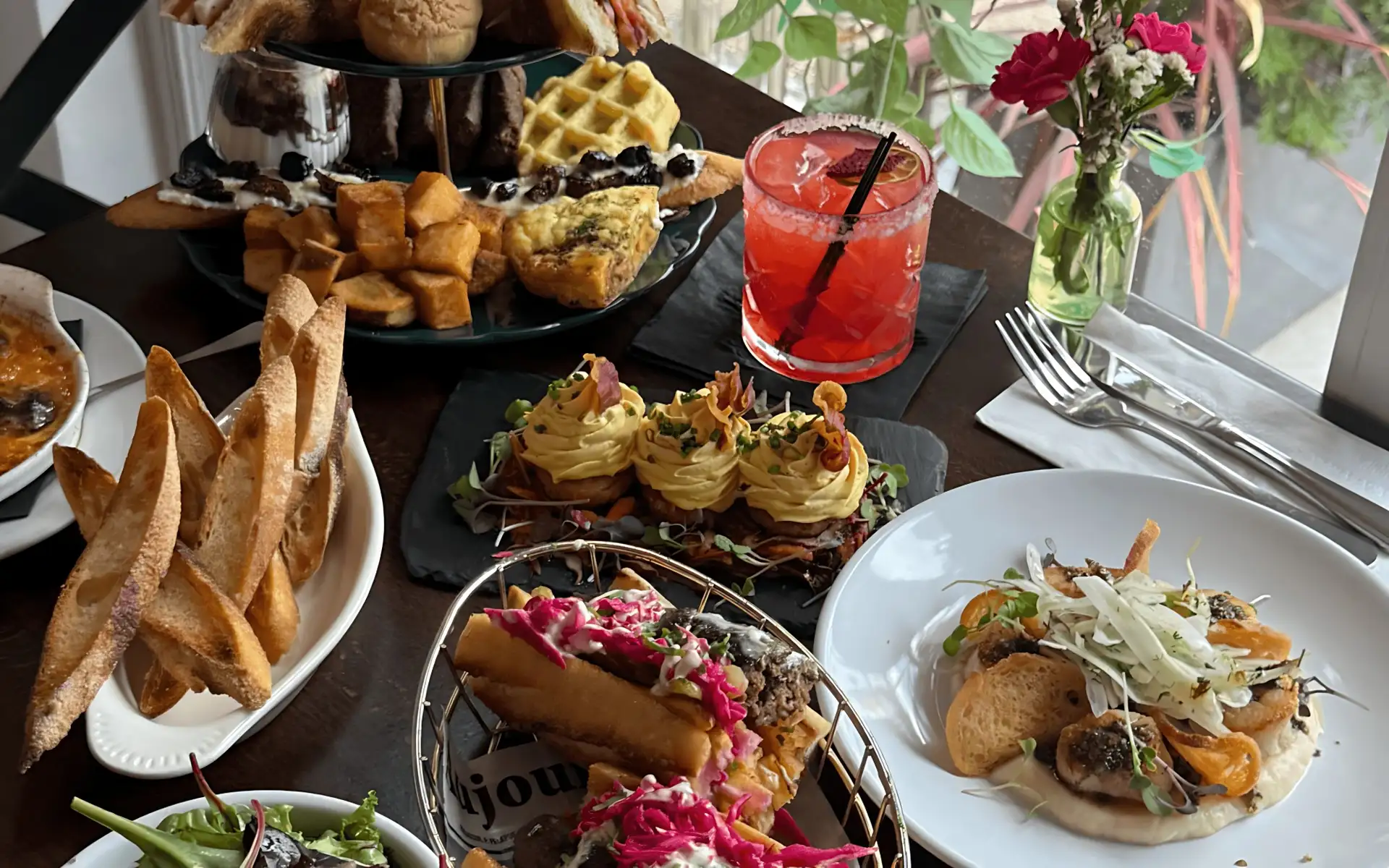 A richly arranged French catering table